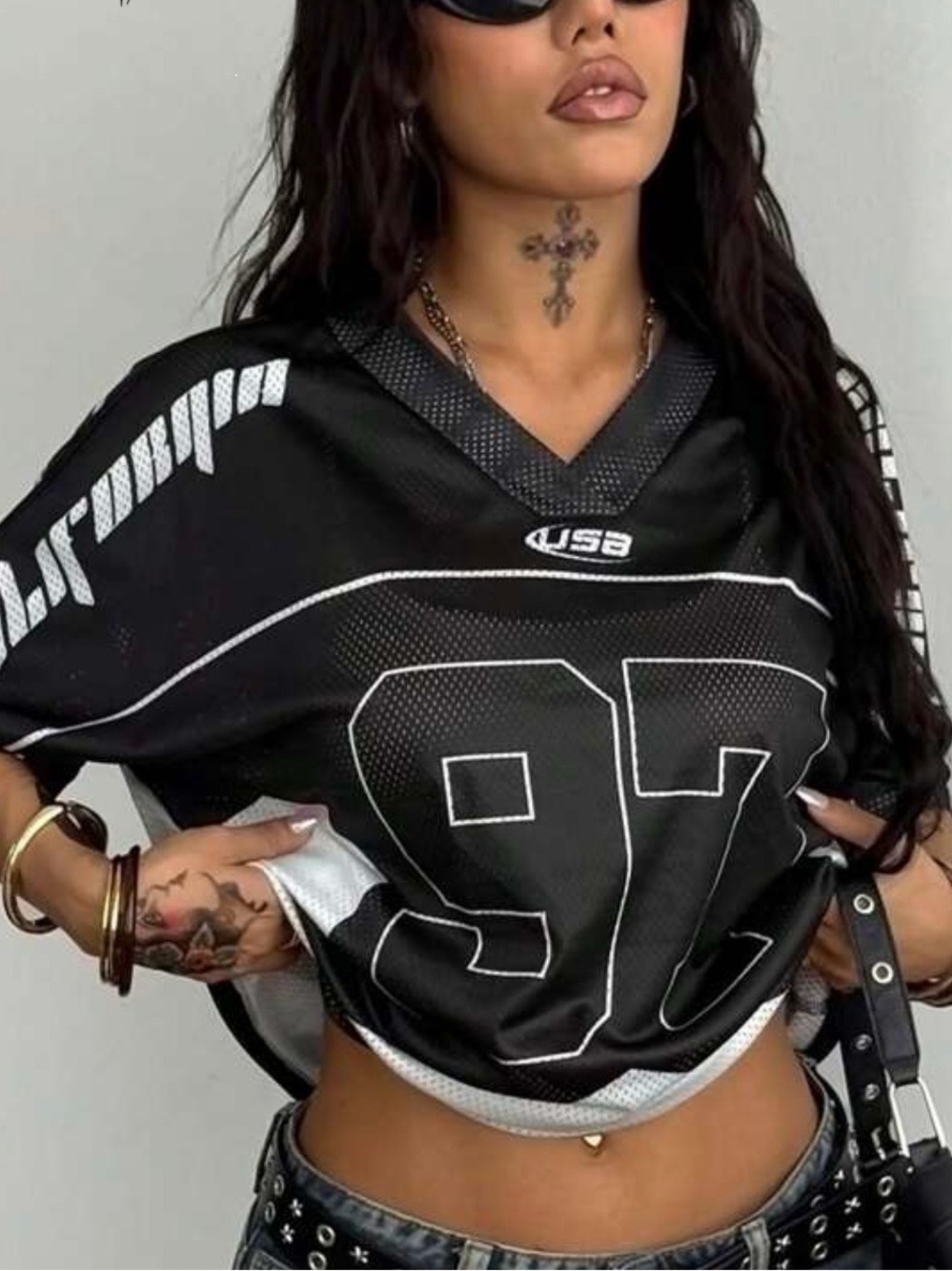 Black Mesh Football Jersey Crop Top - Women's